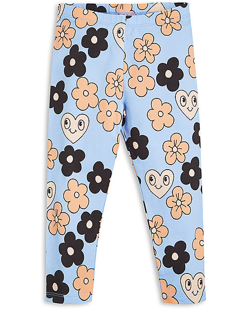 Mini Rodini Flowers Leggings, Light Blue - Organic Cotton Leggings