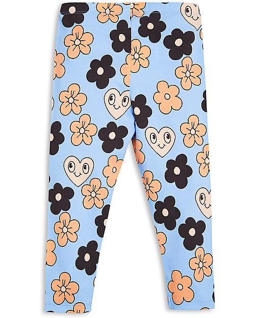 Mini Rodini Flowers Leggings, Light Blue - Organic Cotton Leggings