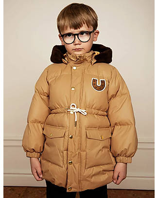 Mini Rodini Padded Down Jacket - Horseshoe - Beige - with Drawstring at the Waist - 100% Recycled Fabric Down Jacket