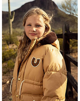 Mini Rodini Padded Down Jacket - Horseshoe - Beige - with Drawstring at the Waist - 100% Recycled Fabric Down Jacket