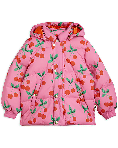 Mini Rodini Padded Jacket Cherries Pink with Front Pockets 100 Recycled Material unisex bambini