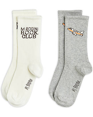 Mini Rodini Set 2 Socks - Book Club and Airplane - White and Grey - Organic Cotton GOTS Socks