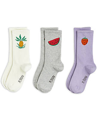 Mini Rodini Set of 3 Socks - Fruit - White Purple and Grey - Organic Cotton GOTS Socks