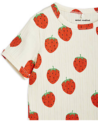 Mini Rodini Short Sleeves T-Shirt - Strawberries - White - Organic Cotton GOTS T-shirts