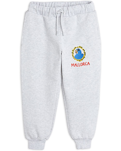 Mini Rodini Tracksuit Pants - Parrot Embroidery - Gray - 100% Organic Cotton GOTS Trousers