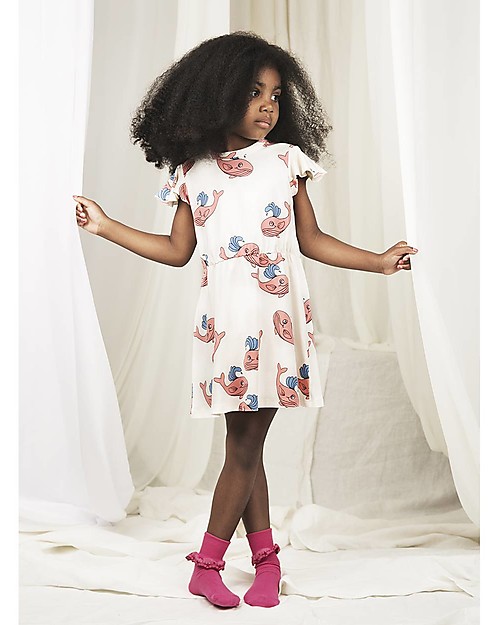 Mini Rodini Whale Dress with Short Wing Sleeves, Pink - Organic cotton Dresses_