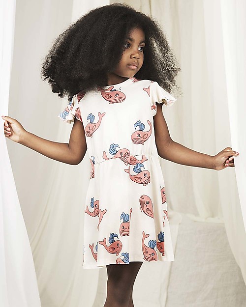Mini Rodini Whale Dress with Short Wing Sleeves, Pink - Organic cotton Dresses_