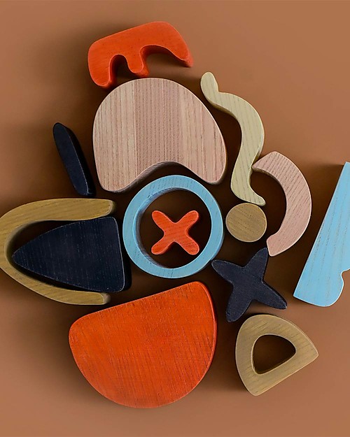 MinMin Copenhagen Abstract Art Building Blocks - Montessori Game - 100% Wood Wooden Blocks and Construction Sets