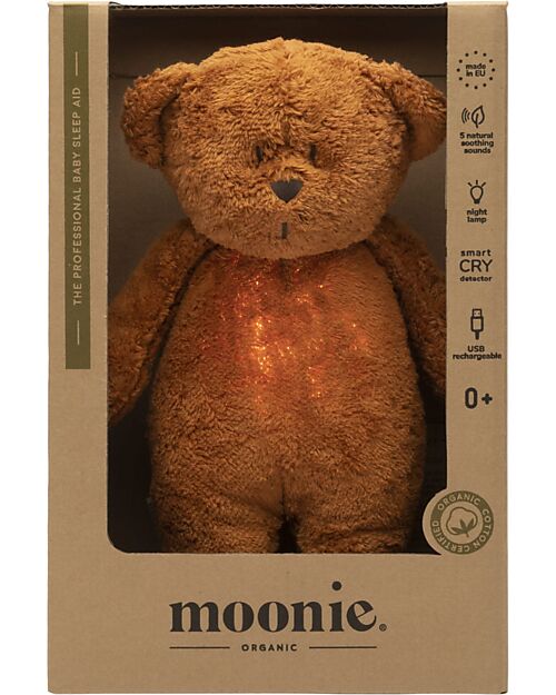 Moonie Bear Plush 2.0 with Natural Sounds, Classical Music, and Adjustable Light - Caramel - GOTS and Oeko-Tex Certified Nightlights