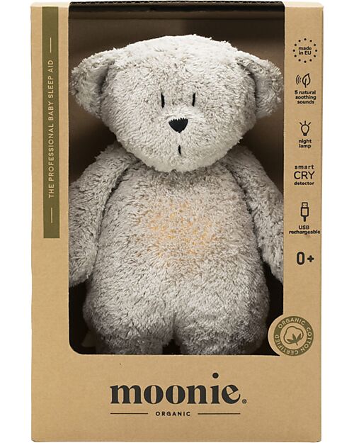 Moonie Bear Plush 2.0 with Natural Sounds, Classical Music, and Adjustable Light - Grey - GOTS and Oeko-Tex Certified Nightlights