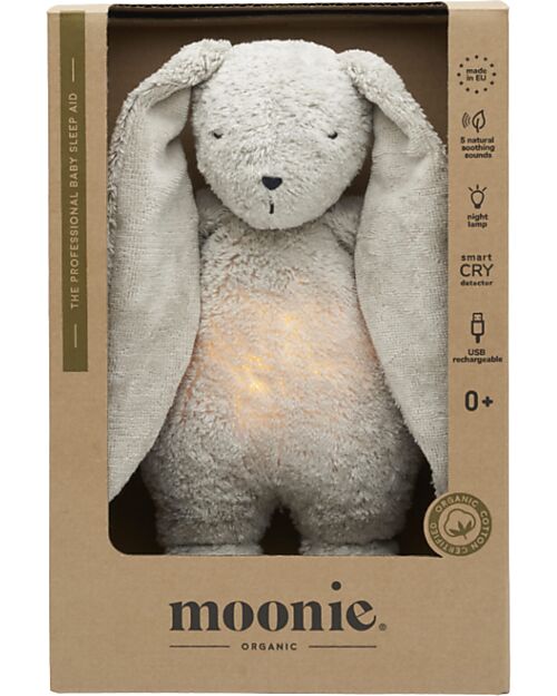 Moonie Bunny Plush 2.0 with Natural Sounds, Classical Music, and Adjustable Light - Grey - GOTS and Oeko-Tex Certified Nightlights
