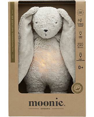 Moonie Bunny Plush 2.0 with Natural Sounds, Classical Music, and Adjustable Light - Grey - GOTS and Oeko-Tex Certified Nightlights