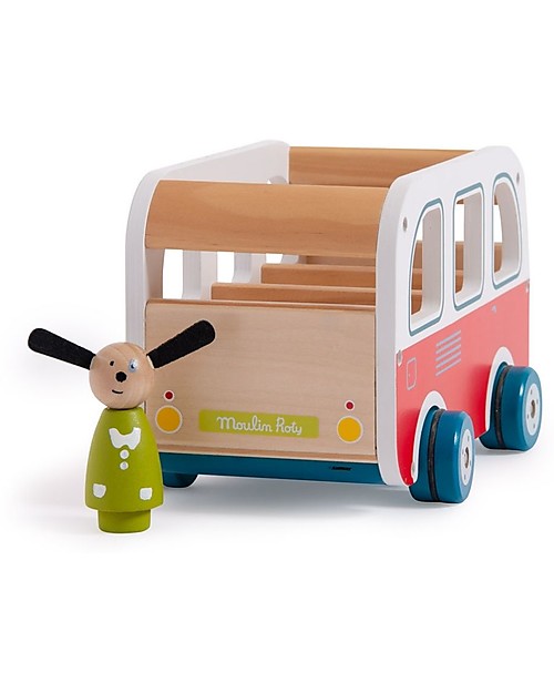 Moulin Roty Wooden Bus - La Grande Famille - with Julius the Dog Wooden Toy Cars, Trains & Trucks