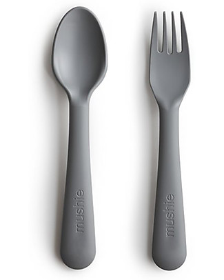 Mushie Fork & Spoon Set - Dishmachine Washable - 15,5 x 2,5 cm - Smoke Spoons, Cutlery & Chopsticks