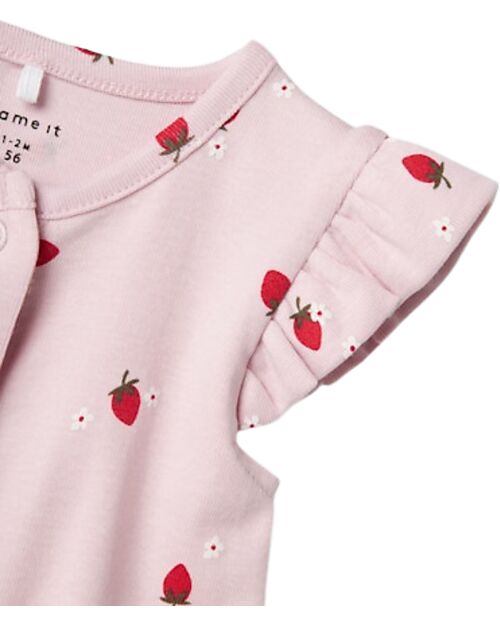 Name it Button Romper - Strawberries - Pink - Ruffle Sleeves Short Rompers