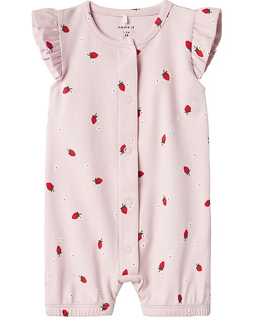 Name it Button Romper - Strawberries - Pink - Ruffle Sleeves Short Rompers