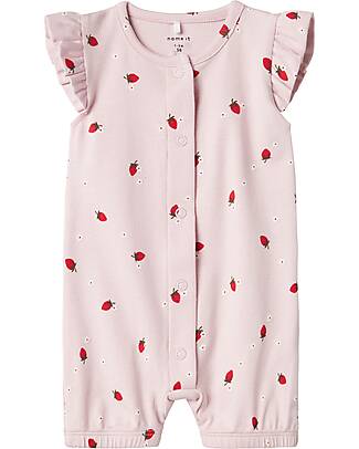 Name it Button Romper - Strawberries - Pink - Ruffle Sleeves Short Rompers