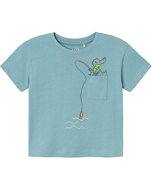 Name it Crocodile Print T-Shirt - Mineral Blue - 100% Cotton - Front Pocket T-shirts