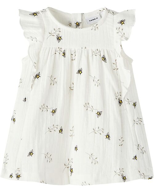 Name it Dress with Ruffles - Bees Pattern - Bright White - 100% Cotton Dresses_