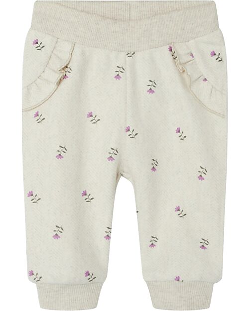Name it Elastic Waist Pants with Floral Print - Light Beige Melange - Organic Cotton Leggings