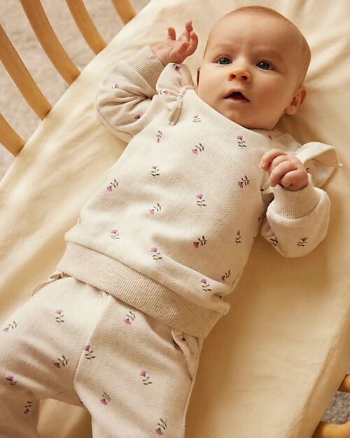 Name it Elastic Waist Pants with Floral Print - Light Beige Melange - Organic Cotton Leggings