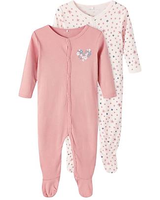 Name it Footed Long-Sleeved Romper 2 Packs - Pink with Heart/White with Flowers Pattern - Organic Cotton Babygrows