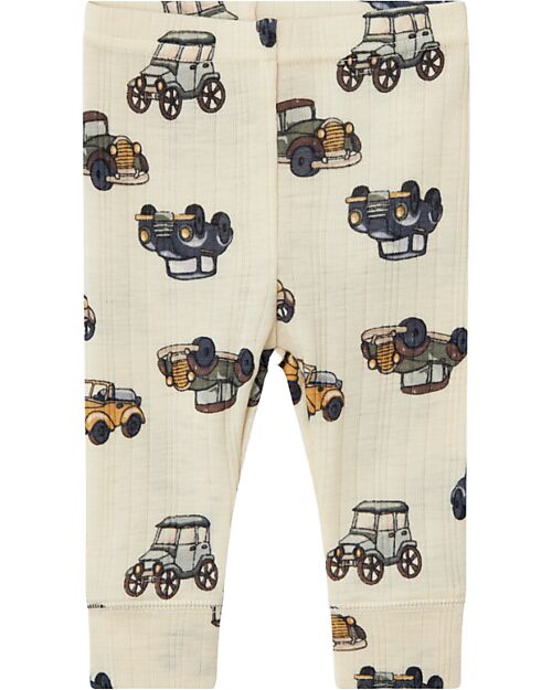 Name it Long Johns - Beige - Cars - 100% Merino Wool - with Elastic Waistband Trousers