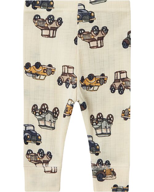 Name it Long Johns - Beige - Cars - 100% Merino Wool - with Elastic Waistband Trousers
