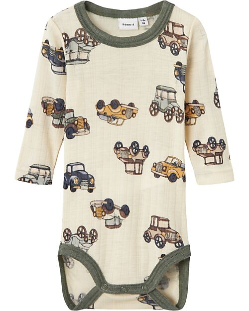 Name it Long Sleeve Bodysuit - Beige - Cars - 100% Merino Wool Long Sleeves Bodies