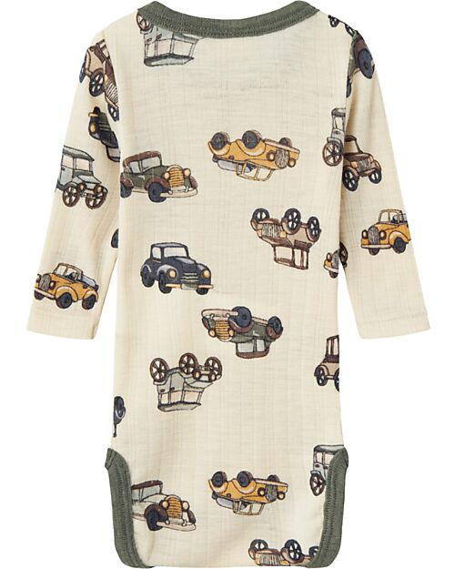 Name it Long Sleeve Bodysuit - Beige - Cars - 100% Merino Wool Long Sleeves Bodies