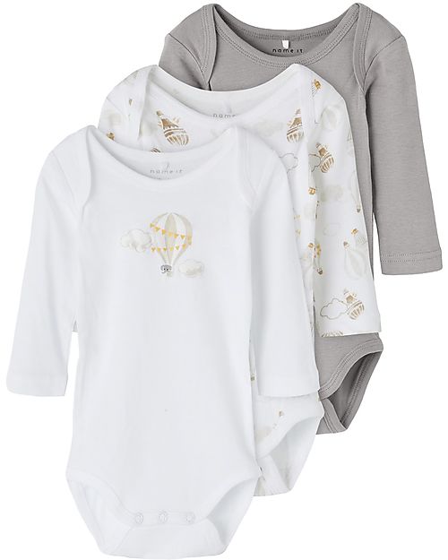 Name it Long-Sleeved Bodysuit 3 Packs - White Single Hot-Air Baloon/Grey/White Hot-Air Baloons - Organic Cotton Long Sleeves Bodies