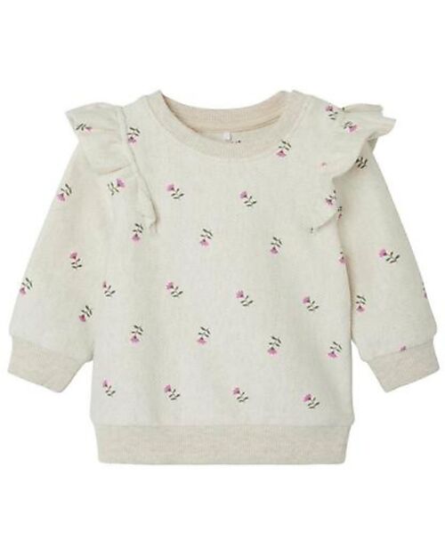 Name it Long-Sleeved Sweatshirt with Ruched Shoulders - Light Beige with Floral Print - Organic Cotton Sweatshirts