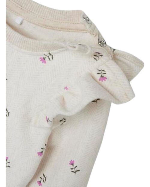 Name it Long-Sleeved Sweatshirt with Ruched Shoulders - Light Beige with Floral Print - Organic Cotton Sweatshirts