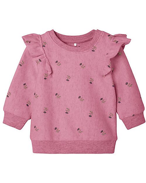 Name it Long-Sleeved Sweatshirt with Ruched Shoulders - Mauve with Floral Print - Organic Cotton Sweatshirts