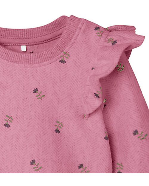 Name it Long-Sleeved Sweatshirt with Ruched Shoulders - Mauve with Floral Print - Organic Cotton Sweatshirts