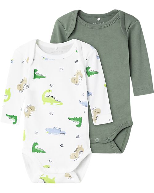 Name it Pack of 2 Long Sleeved Bodysuits - Laurel Wreath - Dino - Organic Cotton Long Sleeves Bodies
