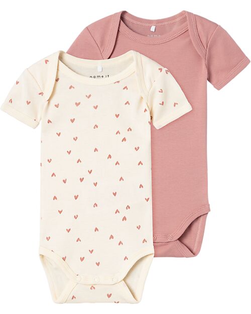 Name it Pack of 2 Short Sleeved Bodysuits - Cotton - Buttercream Hearts Short Sleeves Bodies