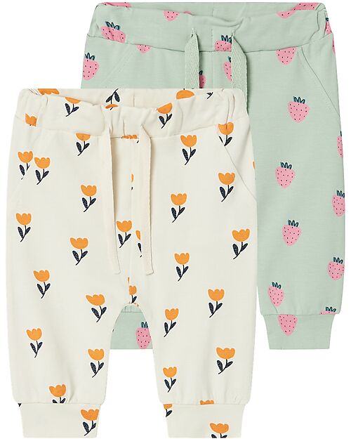 Name it Pack of 2 Track Pants - Jet Stream/Slit Green - with Drawstring - Organic Cotton Trousers