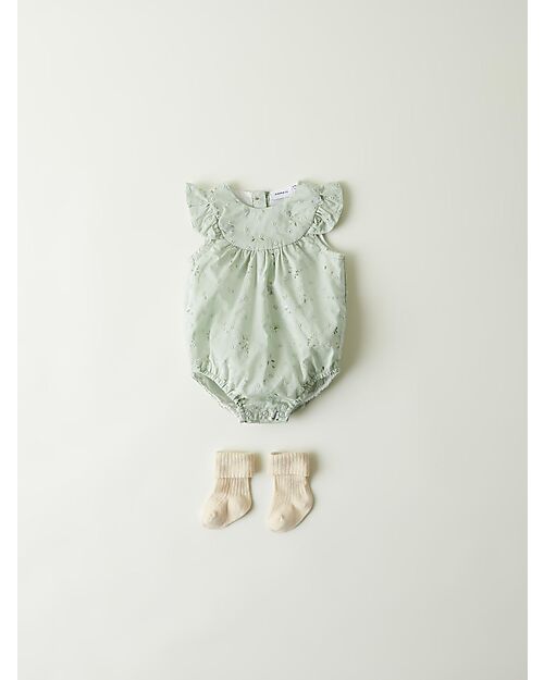 Name it Romper with Ruffles - Still Green - Flowers - 100% Cotton Short Rompers