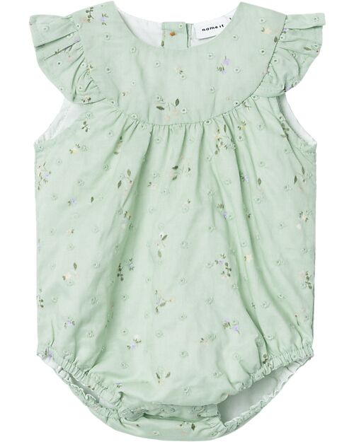 Name it Romper with Ruffles - Still Green - Flowers - 100% Cotton Short Rompers