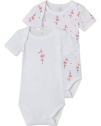 Name it Short-Sleeved Bodysuit 2 Packs - White with Flamingo/White with Flamingos - Organic Cotton Short Sleeves Bodies