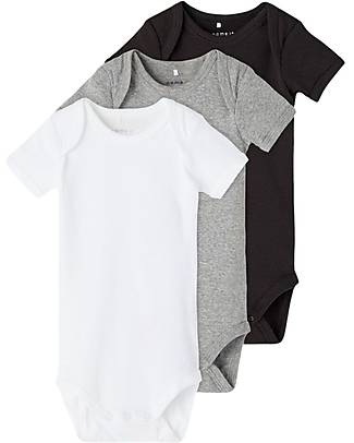 Name it Short-Sleeved Bodysuit 3 Packs - White/Grey/Black - Organic Cotton Short Sleeves Bodies