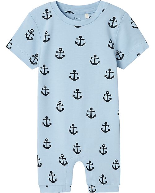 Name it Short Sleeves Romper - Chambray Blue - Anchors - Organic Cotton Short Rompers