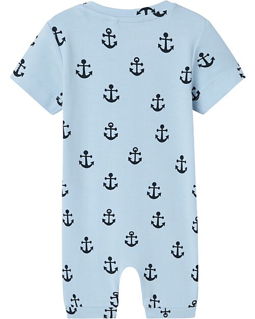 Name it Short Sleeves Romper - Chambray Blue - Anchors - Organic Cotton Short Rompers