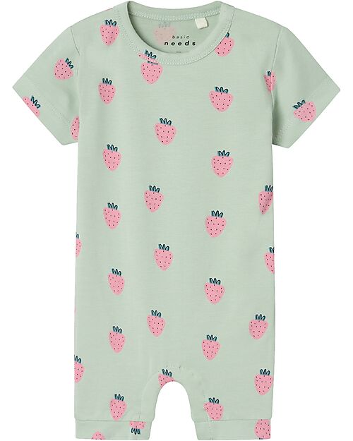 Name it Short Sleeves Romper - Slit Green - Strawberry - Organic Cotton Short Rompers