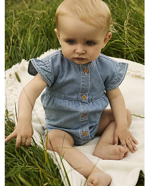 Name it Sleeveless Playsuit with Buttons - Medium Striped Denim - 100% Cotton Short Rompers