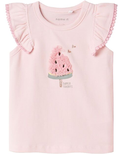 Name it Top with Ruffle Sleeves - Watermelon - Pink - Cotton Tank Tops