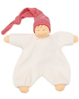 Nanchen Natur Sleeping Doll with Red Nightcap, 27 cm - Sweet and Eco-friendly Dolls