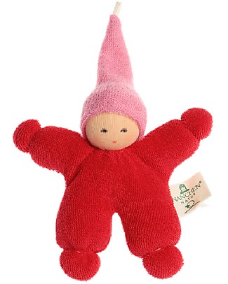 Nanchen Natur Soft Doll Rattle 11 cm - Red/Rose - Organic Cotton and Virgin Wool Rattles