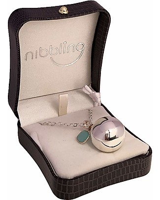 Nibbling Call Angel Bola with Silver, Zircon Chain, Squared Aquamarine Stone Pregnancy Chimes